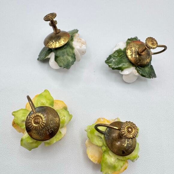 Vintage Ceramic Roses Screw Back Earrings Made In England Cottagecore Grannycore - Picture 4 of 13